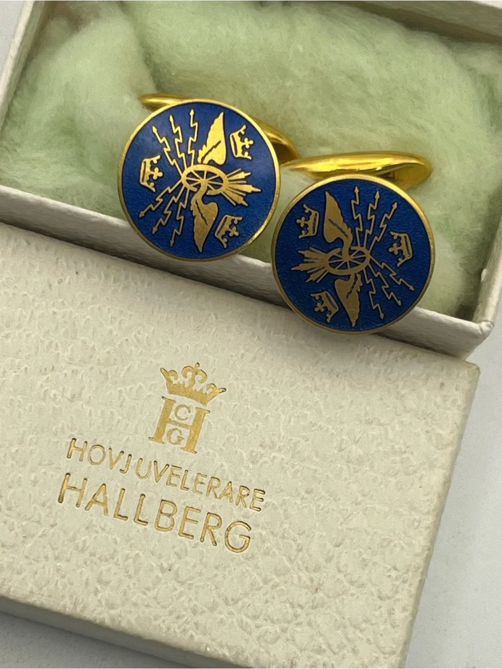 Sporrong Co Blue Enamel Swedish Emblem Cuff Links Cufflinks Crown gold tone